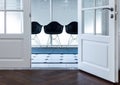 Modern black chair white room interior parquet wood window floor reception office Royalty Free Stock Photo