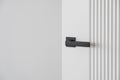 Modern black door handle on white wooden door in interior. Royalty Free Stock Photo