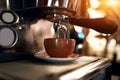 Modern black espresso making machine brewing coffee Royalty Free Stock Photo