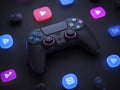 Modern black gaming controller with glowing RGB lights on a dark, reflective surface, surrounded by floating game icons in soft Royalty Free Stock Photo