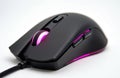 Modern black gaming mouse, ergonomic design, LED lights. Accessory for pc, computer, perfect for gamers. Comfortable grip, high Royalty Free Stock Photo