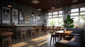 Modern black and gray cafe interior with rectangular sign, wooden tables and metal chairs