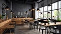 Modern black and gray cafe interior with rectangular sign, wooden tables and metal chairs