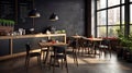 Modern black and gray cafe interior with rectangular sign, wooden tables and metal chairs