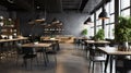 Modern black and gray cafe interior with rectangular sign, wooden tables and metal chairs