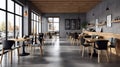 Modern black and gray cafe interior with rectangular sign, wooden tables and metal chairs