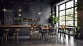 Modern black and gray cafe interior with rectangular sign, wooden tables and metal chairs