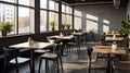 Modern black and gray cafe interior with rectangular sign, wooden tables and metal chairs