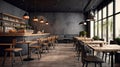 Modern black and gray cafe interior with rectangular sign, wooden tables and metal chairs