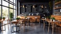 Modern black and gray cafe interior with rectangular sign, wooden tables and metal chairs