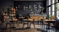 Modern black and gray cafe interior with rectangular sign, wooden tables and metal chairs