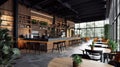 Modern black and gray cafe interior with rectangular sign, wooden tables and metal chairs