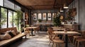 Modern black and gray cafe interior with rectangular sign, wooden tables and metal chairs