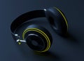 Modern black headphones. Wireless headset 3d rendering on black background.