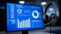 Modern black headset with microphone in front of computer monitor displaying business analytics dashboard in blue color Royalty Free Stock Photo