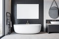 Modern black hotel bathroom interior with blank white mock up banner on wall. 3D Rendering