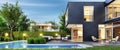 Modern black house with patio and pool. Evening view. Interior and exterior Royalty Free Stock Photo