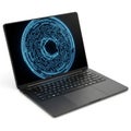 Modern Black Laptop Displaying a Blue Circular Digital Interface on a White Background computer Royalty Free Stock Photo