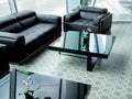 Modern black leather sofa and black glass table on tile flooring in living room Royalty Free Stock Photo