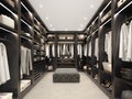 Modern black luxury walk in closet, dressing room, wardrobe