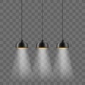 Modern black metallic lamp-shade electric illumination set. Loft ceiling lights isolated on the transparent background