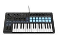 Modern black midi controller keyboard with blue backlit pads and knobs for music production Royalty Free Stock Photo