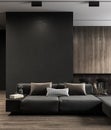 Modern, black minimalist interior with kitchen, sofa, wood floor, wall panels and marble kitchen island.