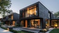 Modern Black Modular Homes at Twilight. Concept Architecture, Design, Twilight, Black Homes, Royalty Free Stock Photo