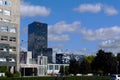 Modern black office tower under blue sky in Zagreb, Croatia