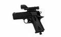 Modern Black Pneumatic pistol with laser sight isolated on white background. Co2 gas compressed air hand gun with a place for