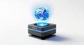 Modern black projector device with blue light emitting floating holographic globe of Earth on clean white background technology Royalty Free Stock Photo