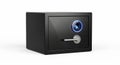 A modern black rectangular safe box with a blue combination lock keyhole and silver handle isolated on a clean white background Royalty Free Stock Photo
