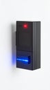 Modern Black Security Access Control Device with Blue Light Scanner and Red Indicator Lights Mounted on White Wall Royalty Free Stock Photo