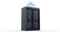 Modern black server rack with cloud computing concept represented by glowing blue cloud above 3D rendered data center technology Royalty Free Stock Photo