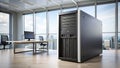Modern Black Server Tower on Clean White Desk HighTech Workstation for Data Processing and Management