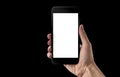 Modern black smart phone in man hand. Isolated white screen for mockup Royalty Free Stock Photo