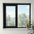 Modern black steel window frame, thin lines, sharp angles , linear, black, modern