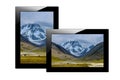 Modern black tablet computer isolated on white background. Tablet pc and screen with Image of mountains. Royalty Free Stock Photo