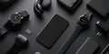 Modern black tech: smartphone, smartwatch, headphones, usb, and wallet on dark surface Royalty Free Stock Photo