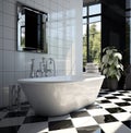 Modern black and white bathroom in minimalist style, with a large bathtub, a window and a green potted plant