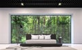 Modern black and white bedroom with forest view 3d rendering image Royalty Free Stock Photo