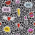 Modern black and white leopard seamless pattern with colorful hand drawn patches, badges. Animal skin. Valentines day