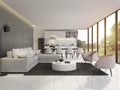 Modern black and white living and dining room with garden view 3d render