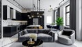 Modern black and white luxury living room with grey sofa and decoration. Generative AI Royalty Free Stock Photo