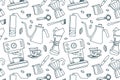 Modern black and white pattern with coffee brewing devices. Flat cartoon vector illustration with espresso machine Royalty Free Stock Photo