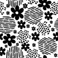 Abstract memphis style insprired hand drawn vector seamless pattern with flowers. Royalty Free Stock Photo