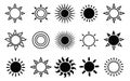 Modern black and white sun icons set featuring various line art and solid styles for weather forecasts or summer designs Royalty Free Stock Photo