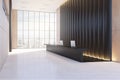Modern black and wooden office lobby with reception desk and windwo with city view. Waiting area concept. Royalty Free Stock Photo