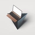 Modern blank laptop on geometric triangle stone figure. 3d rendering.