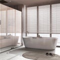 Modern bleached wooden bathroom in white and beige tones. Freestanding bathtub and shower with glass door and marble tiles floor. Royalty Free Stock Photo